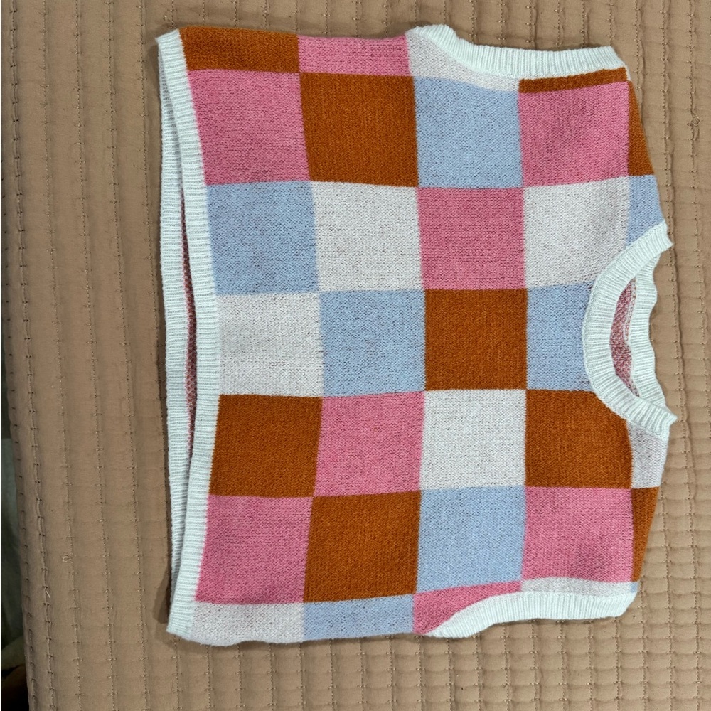 Colorblock Checker Knit Tank Vest - Pink, Blue, Rust & Cream